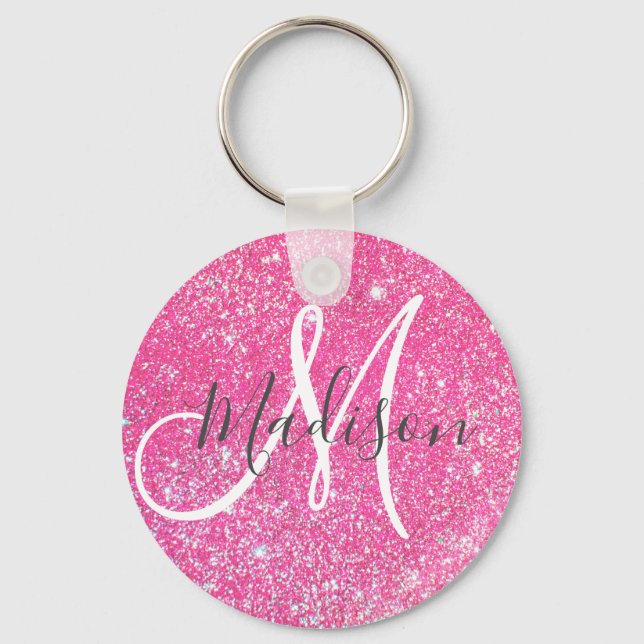 Girly Glam Hot Pink Glitzer Glitzern Monogram Name Schlüsselanhänger (Vorderseite)
