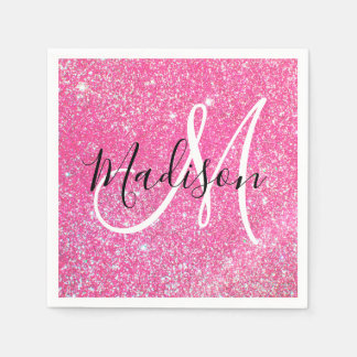 Girly Glam Hot Pink Glitzer Glitzern Monogram Name Serviette