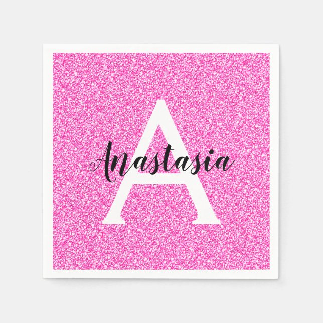 Girly Glam Hot Pink Glitzer Glitzern Monogram Name Serviette (Vorderseite)