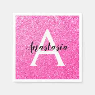 Girly Glam Hot Pink Glitzer Glitzern Monogram Name Serviette