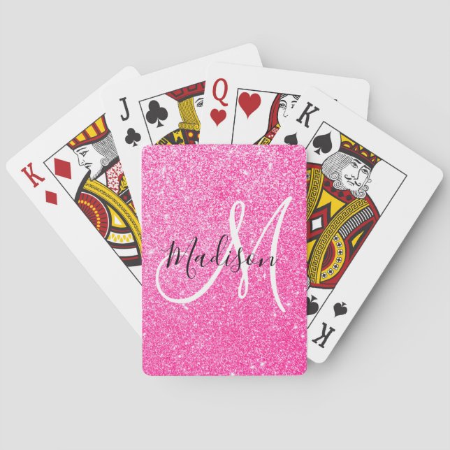 Girly Glam Hot Pink Glitzer Glitzern Monogram Name Spielkarten (Rückseite)