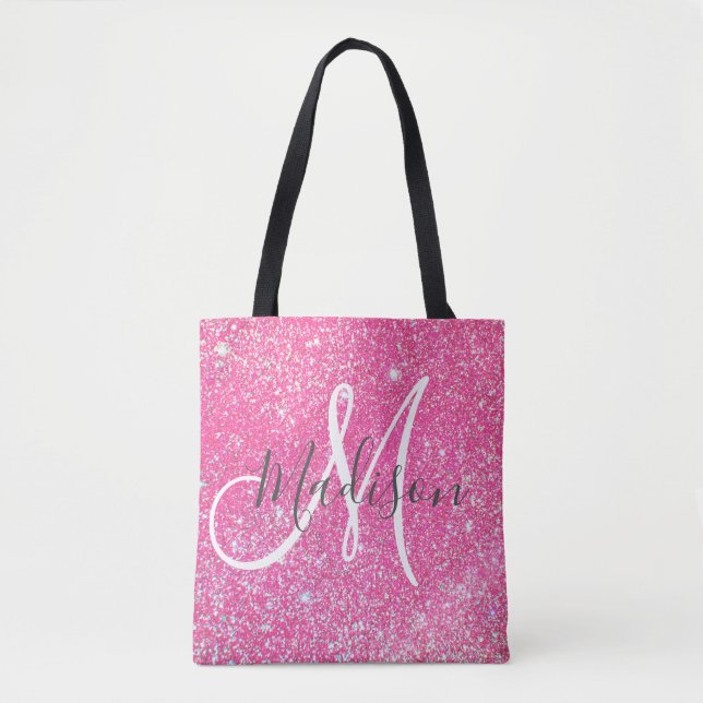 Girly Glam Hot Pink Glitzer Glitzern Monogram Name Tasche (Vorderseite)