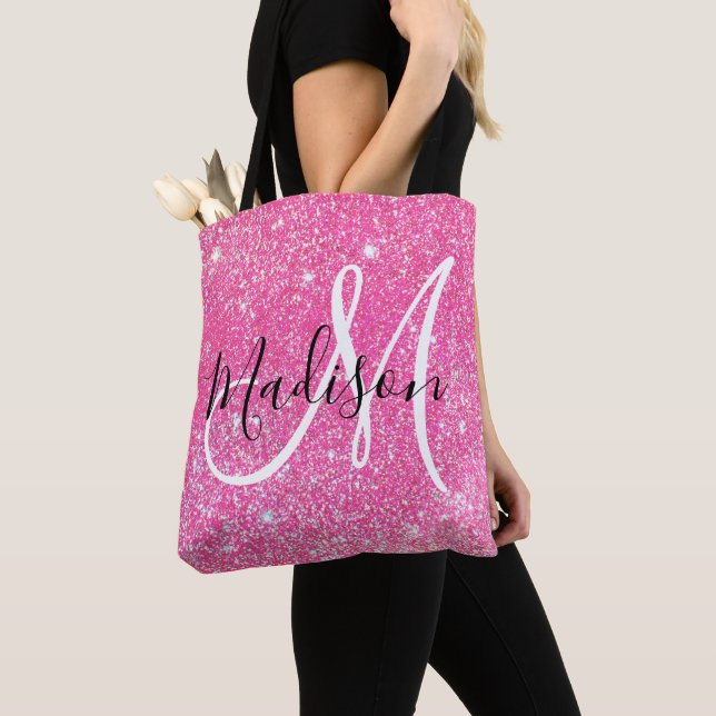 Girly Glam Hot Pink Glitzer Glitzern Monogram Name Tasche (Von Nahem)