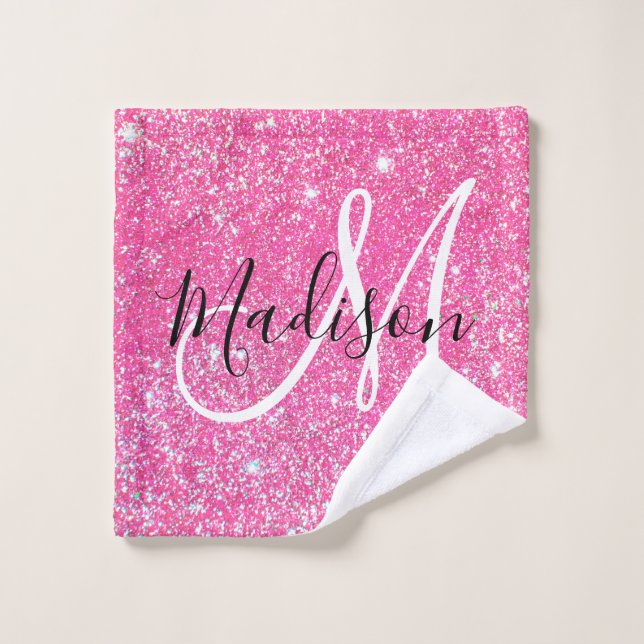 Girly Glam Hot Pink Glitzer Glitzern Monogram Name Waschlappen (Waschlappen)