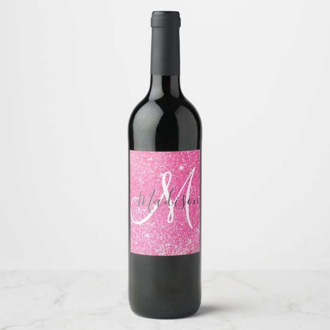 Girly Glam Hot Pink Glitzer Glitzern Monogram Name Weinetikett (Vorderseite)