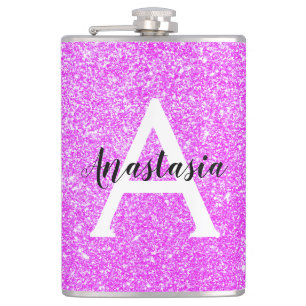Girly Glam Lila Glitzer Glitzern Monogram Name Flachmann
