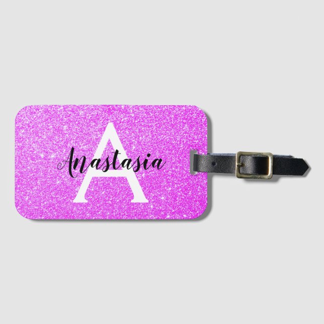Girly Glam Lila Glitzer Glitzern Monogram Name Gepäckanhänger (Vorderseite (Horizontal))