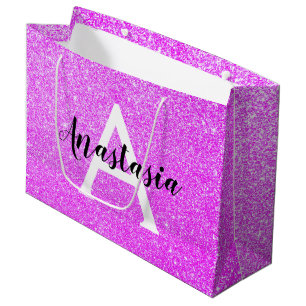 Girly Glam Lila Glitzer Glitzern Monogram Name Große Geschenktüte