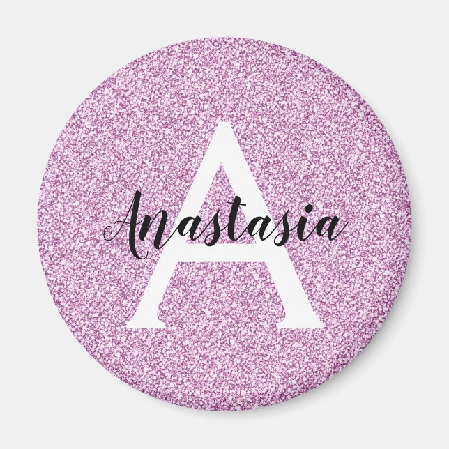 Girly Glam Lila Glitzer Glitzern Monogram Name Magnet (Vorne)
