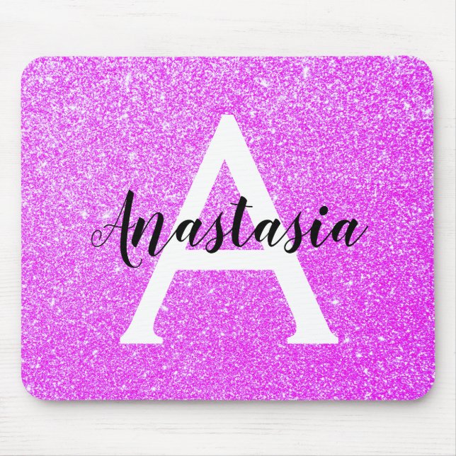 Girly Glam Lila Glitzer Glitzern Monogram Name Mousepad (Vorne)