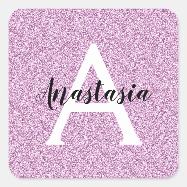 Girly Glam Lila Glitzer Glitzern Monogram Name Quadratischer Aufkleber (Vorderseite)