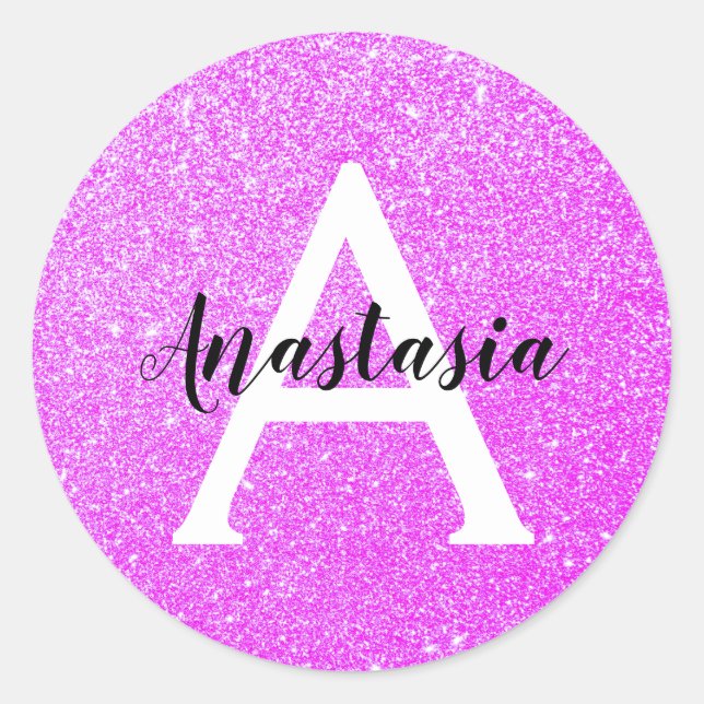 Girly Glam Lila Glitzer Glitzern Monogram Name Runder Aufkleber (Vorderseite)