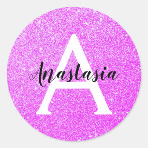 Girly Glam Lila Glitzer Glitzern Monogram Name Runder Aufkleber