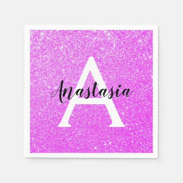 Girly Glam Lila Glitzer Glitzern Monogram Name Serviette (Vorderseite)