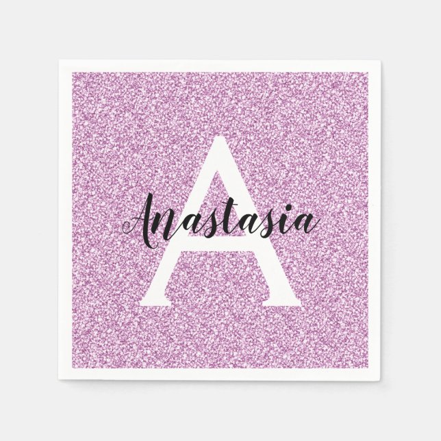 Girly Glam Lila Glitzer Glitzern Monogram Name Serviette (Vorderseite)