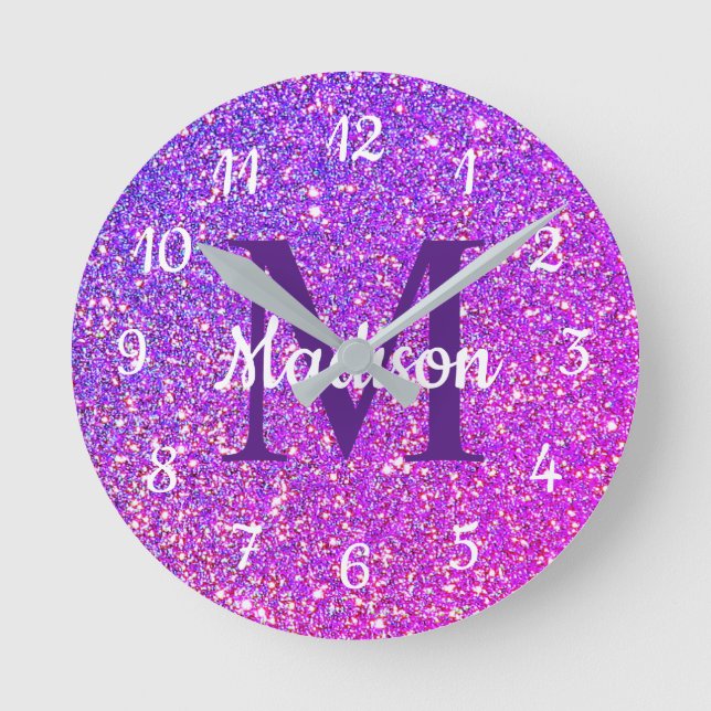 Girly Glam Lila Glitzer Monogram Personalisiert Runde Wanduhr (Vorderseite)