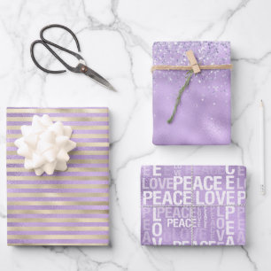 Girly Glam Lila Gold Liebe Peace Geschenkpapier Set