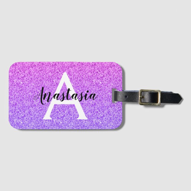 Girly Glam Ombre Lila Glitzer Glitzern Monogram Gepäckanhänger (Vorderseite (Horizontal))