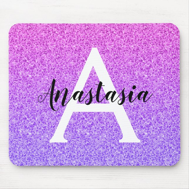 Girly Glam Ombre Lila Glitzer Glitzern Monogram Mousepad (Vorne)