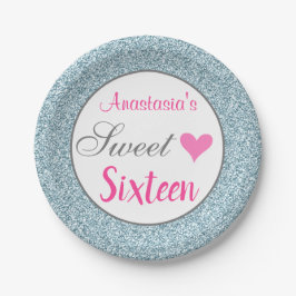Girly & Glam Pink Light Blue Glitzer 16 . Geburtst Pappteller