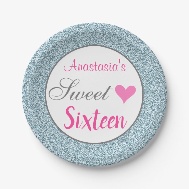 Girly & Glam Pink Light Blue Glitzer 16 . Geburtst Pappteller (Vorderseite)