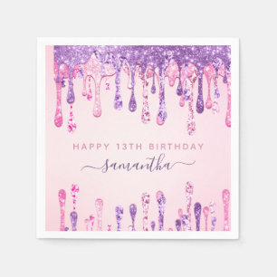 Girly Glam Pink Lila Glitzer Tropfen 13. Geburtsta Serviette