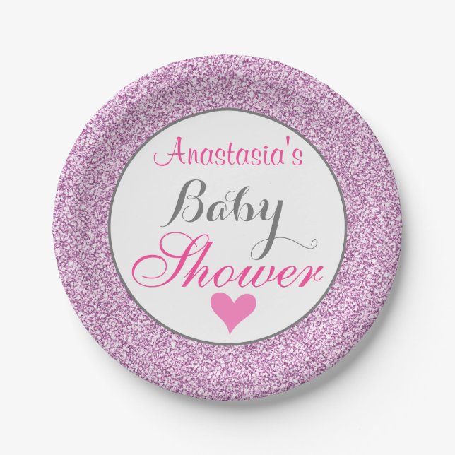 Girly & Glam Pink Lilac Lila Glitzer Kinderdusche Pappteller (Vorderseite)
