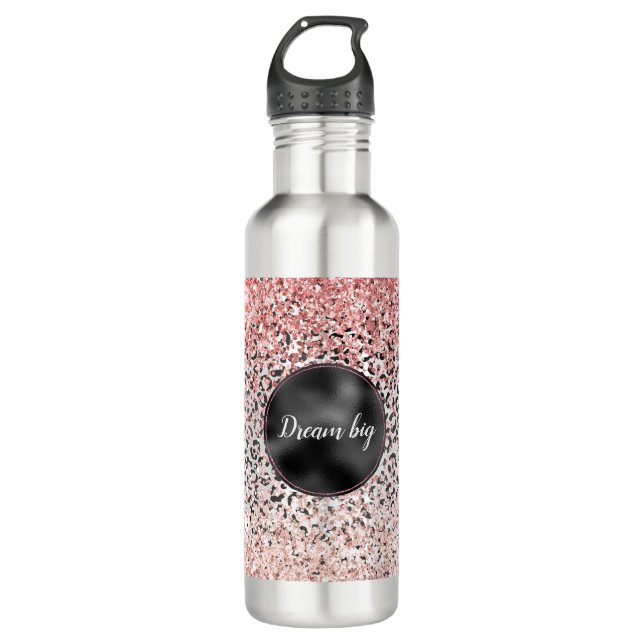 Girly Glam Pink Schwarz-weiß Leopard Print Glitzer Edelstahlflasche (Vorderseite)