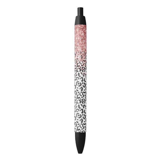 Girly Glam Pink Schwarz-weiß Leopard Print Glitzer Kugelschreiber (Vorderseite Vertikal)
