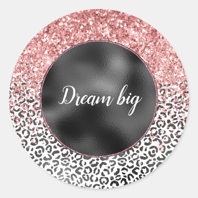 Girly Glam Pink Schwarz-weiß Leopard Print Glitzer Runder Aufkleber (Vorderseite)