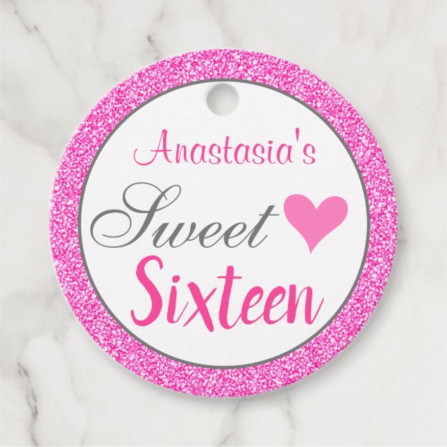 Girly Glam Princess Hot Pink Glitzer 16 . Geburtst Geschenkanhänger (Vorderseite)
