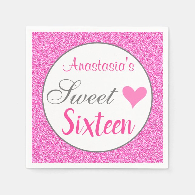 Girly Glam Princess Hot Pink Glitzer 16 . Geburtst Serviette (Vorderseite)