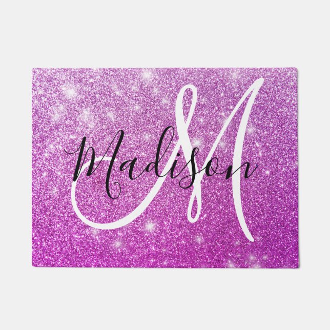 Girly & Glam Purple Glitter Sparkles Monogram Name Fußmatte (Vorderseite)