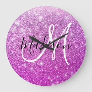 Girly & Glam Purple Glitter Sparkles Monogram Name Große Wanduhr