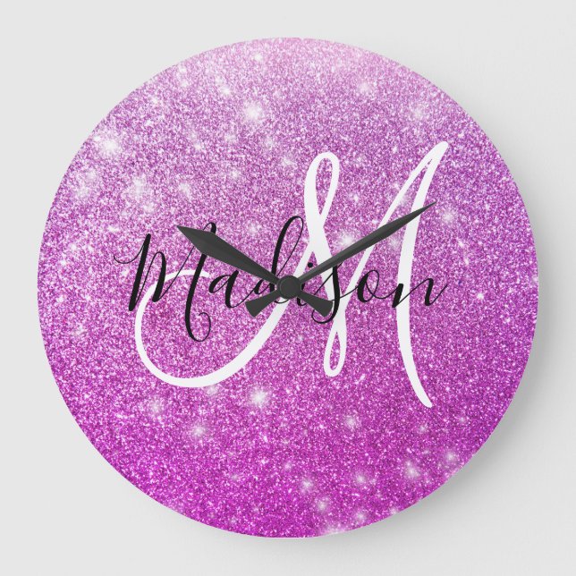 Girly & Glam Purple Glitter Sparkles Monogram Name Große Wanduhr (Vorderseite)
