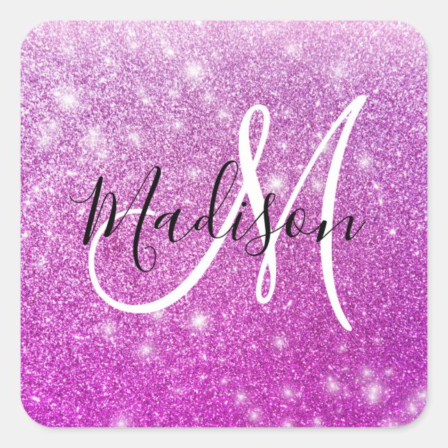 Girly & Glam Purple Glitter Sparkles Monogram Name Quadratischer Aufkleber (Vorderseite)