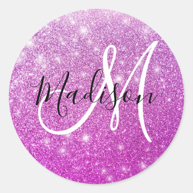 Girly & Glam Purple Glitter Sparkles Monogram Name Runder Aufkleber (Vorderseite)
