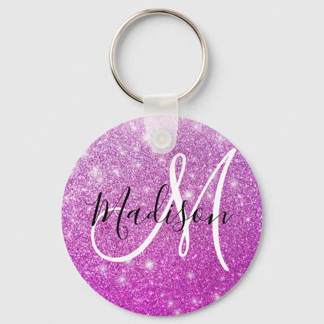 Girly & Glam Purple Glitter Sparkles Monogram Name Schlüsselanhänger (Vorderseite)