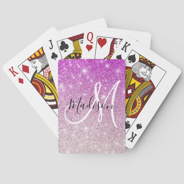 Girly & Glam Purple Glitter Sparkles Monogram Name Spielkarten (Rückseite)