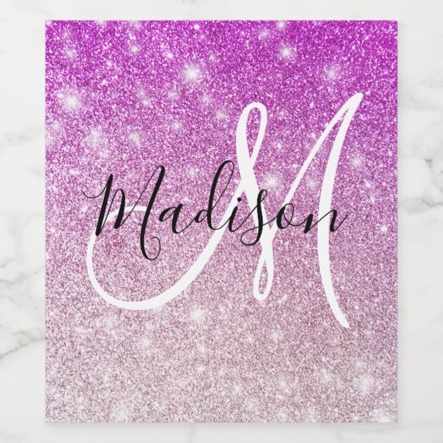 Girly & Glam Purple Glitter Sparkles Monogram Name Weinetikett (Einzelnes Label)