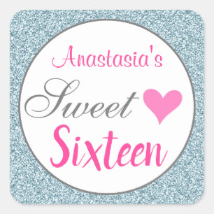 Girly & Glam Rosa Hellblau Glitter Sweet Sixteen Quadratischer Aufkleber