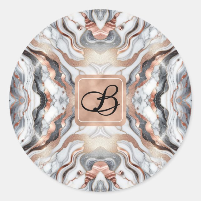 Girly Glam Rose Gold Silver & White Marmor Initial Runder Aufkleber (Vorderseite)