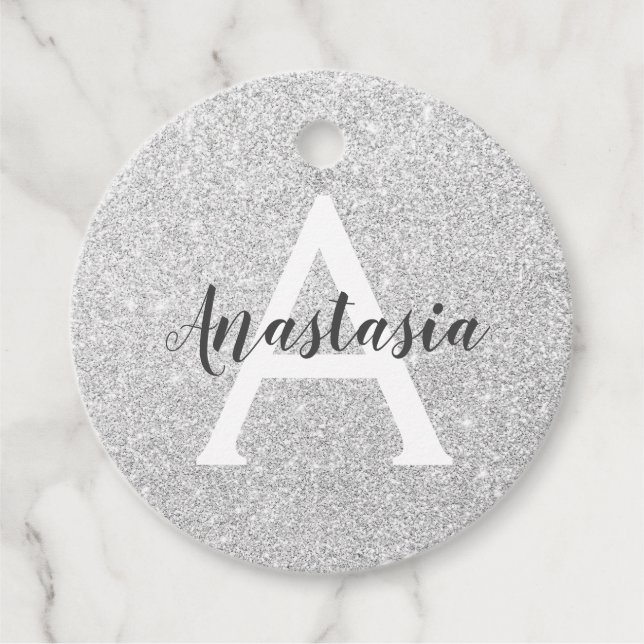 Girly Glam Silver Glitzer Glitzern Monogram Name Geschenkanhänger (Vorderseite)