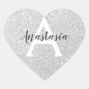 Girly Glam Silver Glitzer Glitzern Monogram Name Herz-Aufkleber