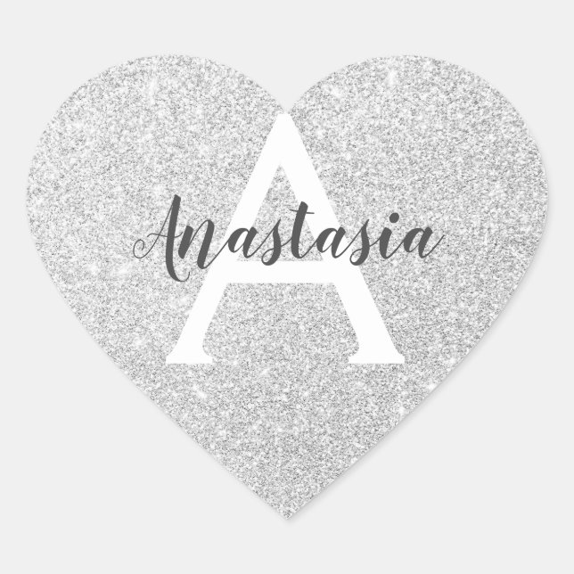 Girly Glam Silver Glitzer Glitzern Monogram Name Herz-Aufkleber (Vorderseite)