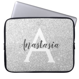 Girly Glam Silver Glitzer Glitzern Monogram Name Laptopschutzhülle