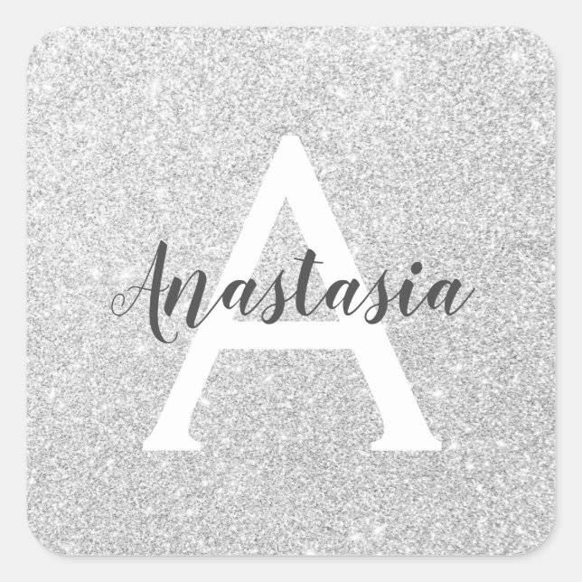 Girly Glam Silver Glitzer Glitzern Monogram Name Quadratischer Aufkleber (Vorderseite)