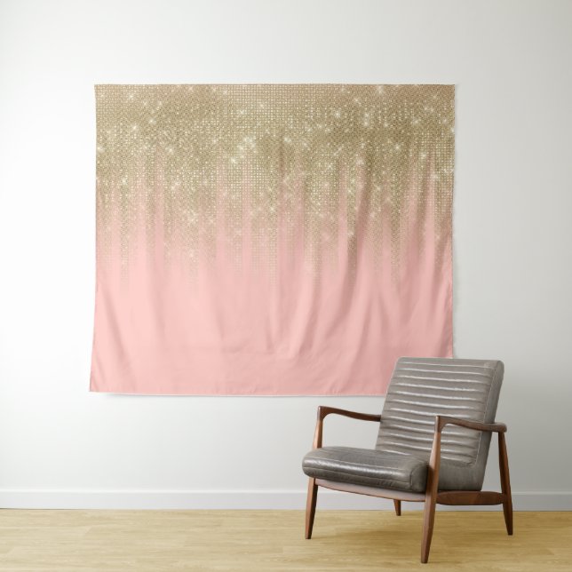 Girly Glamour Pink Gold Glitzer Streifen glänzend Wandteppich (Beispiel (Horizontal))
