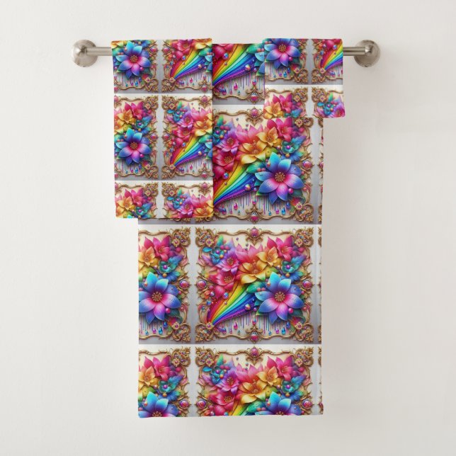 Girly Glitter Rainbow Flowers Towel Set (En situation)