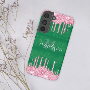 Girly Glitter Rosa Grün Drip Monogram Name Hinzufü Samsung Galaxy Hülle